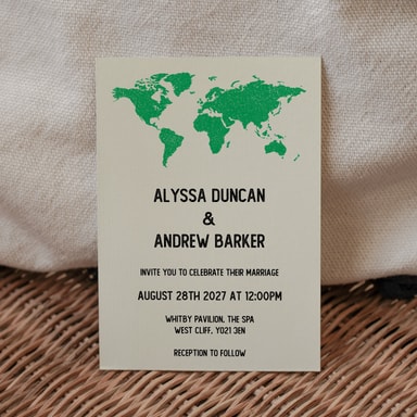 Vintage World Traveller Map Clover Green Wedding Invitation on Cream Card