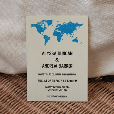 Vintage World Traveller Map Cobalt Blue Wedding Invitation on Cream Card