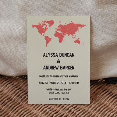 Vintage World Traveller Map Coral Wedding Invitation on Cream Card