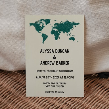 Vintage World Traveller Map Dark Green Wedding Invitation on Cream Card