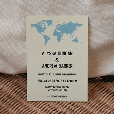 Vintage World Traveller Map Duck Egg Blue Wedding Invitation on Cream Card