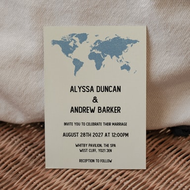 Vintage World Traveller Map Dusty Blue Wedding Invitation on Cream Card