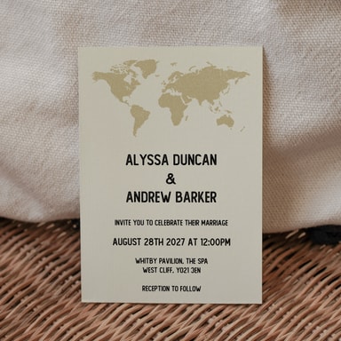 Vintage World Traveller Map Gold Wedding Invitation on Cream Card