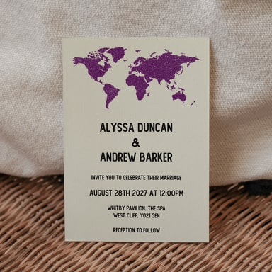 Vintage World Traveller Map Grape Wedding Invitation on Cream Card