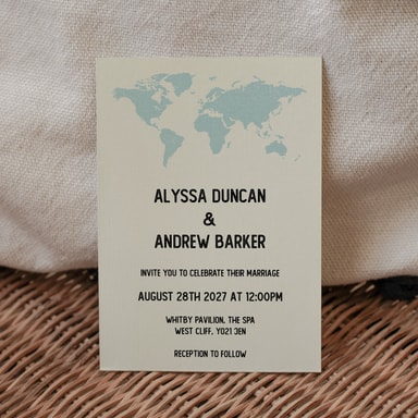 Vintage World Traveller Map Jade Green Wedding Invitation on Cream Card