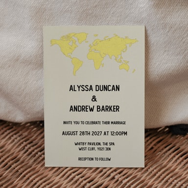 Vintage World Traveller Map Lemon Wedding Invitation on Cream Card