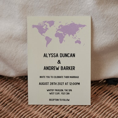 Vintage World Traveller Map Lilac Wedding Invitation on Cream Card