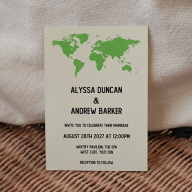 Vintage World Traveller Map Lime Green Wedding Invitation on Cream Card