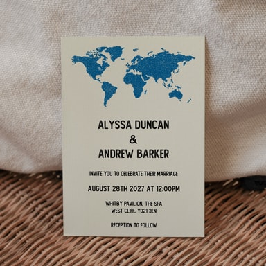 Vintage World Traveller Map Marine Blue Wedding Invitation on Cream Card