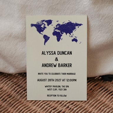 Vintage World Traveller Map Navy Blue Wedding Invitation on Cream Card