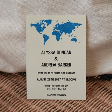 Vintage World Traveller Map Ocean Blue Wedding Invitation on Cream Card