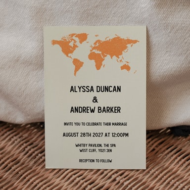 Vintage World Traveller Map Orange Wedding Invitation on Cream Card