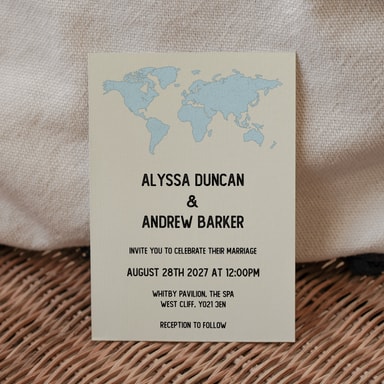 Vintage World Traveller Map Pale Blue Wedding Invitation on Cream Card