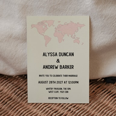 Vintage World Traveller Map Pale Pink Wedding Invitation on Cream Card