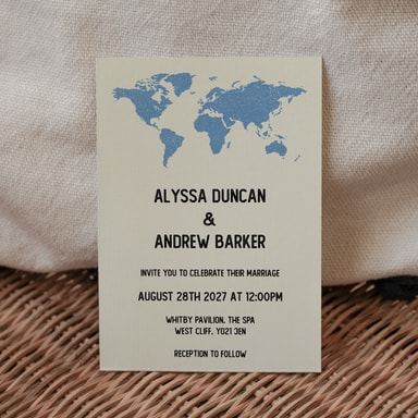 Vintage World Traveller Map Pastel Blue Wedding Invitation on Cream Card