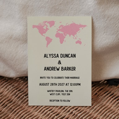 Vintage World Traveller Map Pastel Pink Wedding Invitation on Cream Card