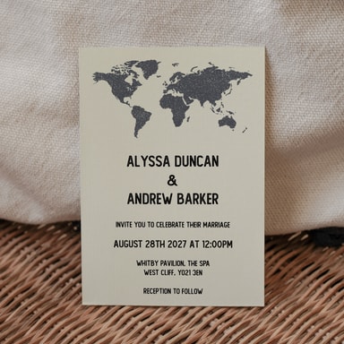 Vintage World Traveller Map Pewter Wedding Invitation on Cream Card