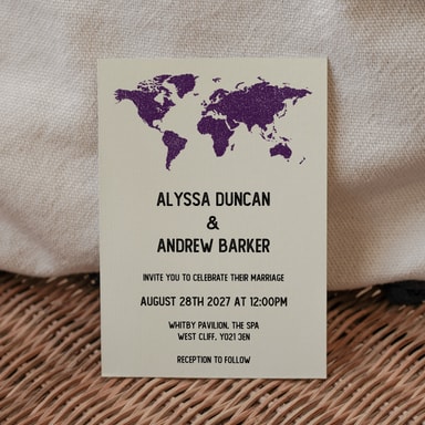 Vintage World Traveller Map Plum Wedding Invitation on Cream Card