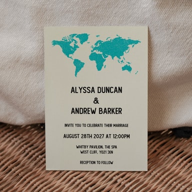 Vintage World Traveller Map Pool Blue Wedding Invitation on Cream Card