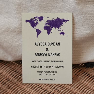 Vintage World Traveller Map Regency Purple Wedding Invitation on Cream Card
