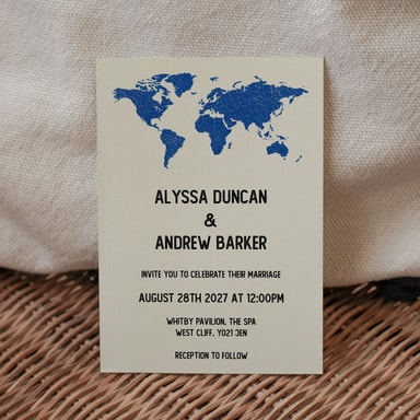 Vintage World Traveller Map Royal Blue Wedding Invitation on Cream Card