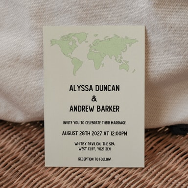 Vintage World Traveller Map Seafoam Green Wedding Invitation on Cream Card