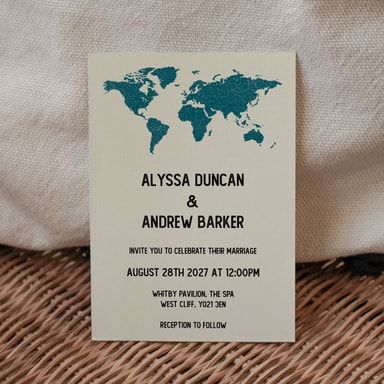 Vintage World Traveller Map Teal Green Wedding Invitation on Cream Card