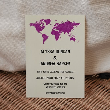 Vintage World Traveller Map Violet Wedding Invitation on Cream Card