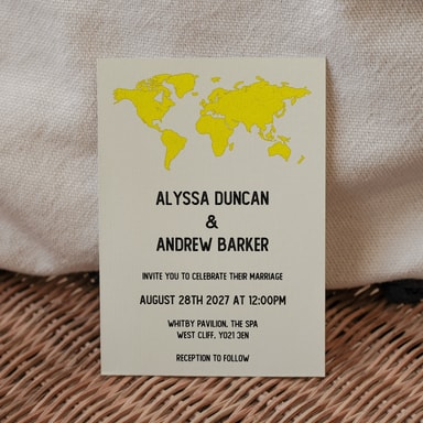 Vintage World Traveller Map Yellow Wedding Invitation on Cream Card